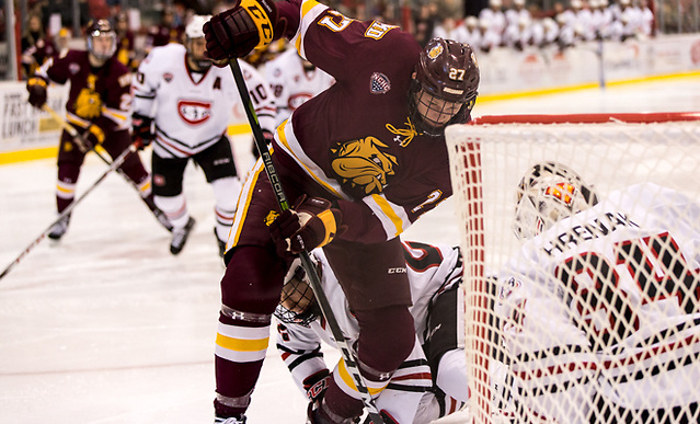 Riley Tufte (Minnesota-Duluth-27) 2017 Nov. 4 The St.Cloud State University Huskies host the University of Minnesota Duluth Bulldogs in a NCHC matchup at the Herb Brooks National Hockey Center in St. Cloud, MN (Bradley K. Olson)