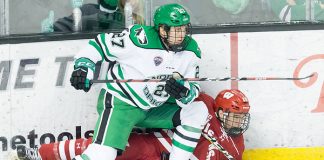 Josh Ess (Wisconsin -20) Ludwig Hoff (North Dakota-27) 2018 November 3 The University of North Dakota hosts the Wisconsin Badgers in a non conference matchup at the Ralph Engelstad Arena in Grand Forks, ND (Bradley K. Olson)