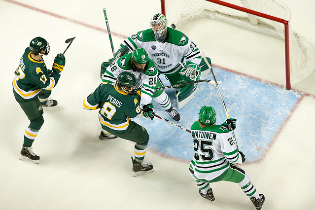 Jordan Xavier (Alaska Anchorage-17) Drayson Pears (Alaska Anchorage-8) Hayden Shaw (North Dakota-28) Adam Scheel (North Dakota-31) Joel Janatuinen (North Dakota-25) 2018 November 17 The University of North Dakota hosts Western Michigan in a NCHC matchup at the Ralph Engelstad Arena in Grand Forks, ND (Bradley K. Olson)