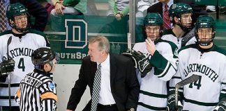 Jim Gaudet (Dartmouth - 4), Tim Benedetto, Bob Gaudet (Dartmouth - Head Coach), Connor Goggin (Dartmouth - 3), ?, Doug Jones (Dartmouth - 14) - The Boston College Eagles defeated the Dartmouth Big Green 2-1 (OT) on Sunday, November 30, 2008 at Thompson Arena in Hanover, New Hampshire. (Melissa Wade)