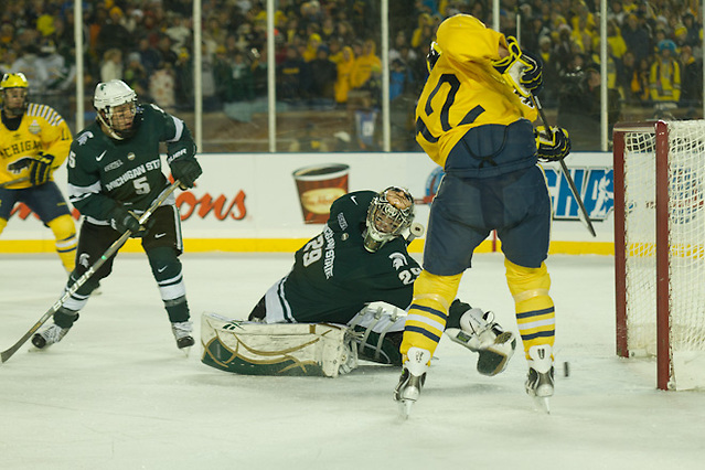 Sr. Carl Hagelin (C) for UofM and Jr. Drew Palmisano and Jr. Brock Shelgren of MSU (Michael Simari)