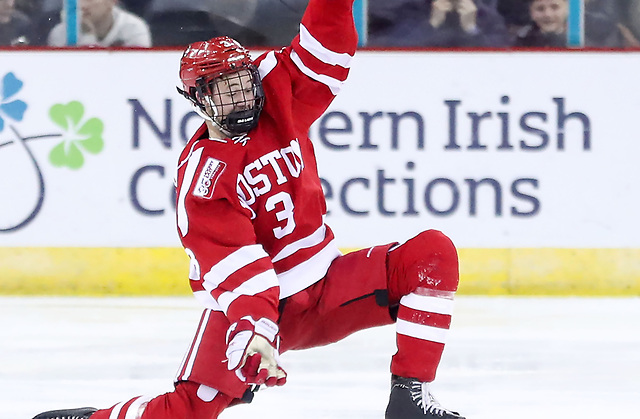 Press Eye - Belfast - Northern Ireland - 23rd November 2018 - Photo by William Cherry/Presseye Boston University's Ty Amonte celebrates scoring against University of Connecticut during Friday evenings Friendship Four game at the SSE arena, Belfast. Photo by William Cherry/Presseye (©William Cherry / Presseye)