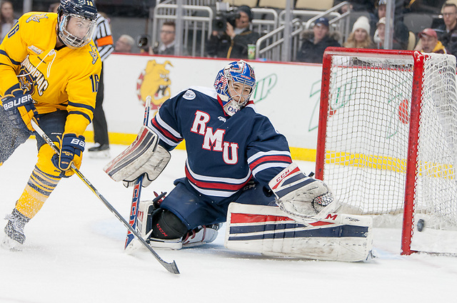 A Quinnipiac shot sails just wide of Francis Marotte (1 - Robert Morris) (Omar Phillips)