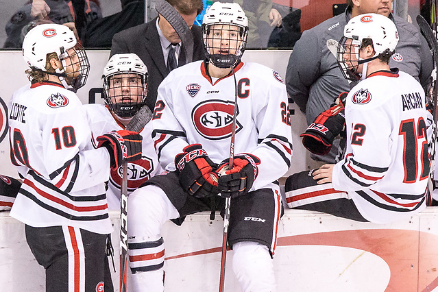 Jimmy Schuldt (SCSU-22) Jon Lizotte (SCSU-10) Jack Ahcan (SCSU-12) 2018 December 8 St.Cloud State University hosts University of Nebraska Omaha in a NCHC contest at the Herb Brooks National Hockey Center (Bradley K. Olson)