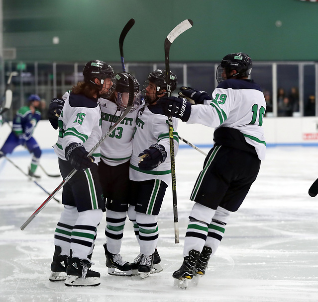 Senior Forward Josh Bowes (15), Senior Forward Tommy Besinger (33), Sophomore Forward Jake Simons (17), Junior Forward James Winkler (19) (David Le/Endicott Athletics)