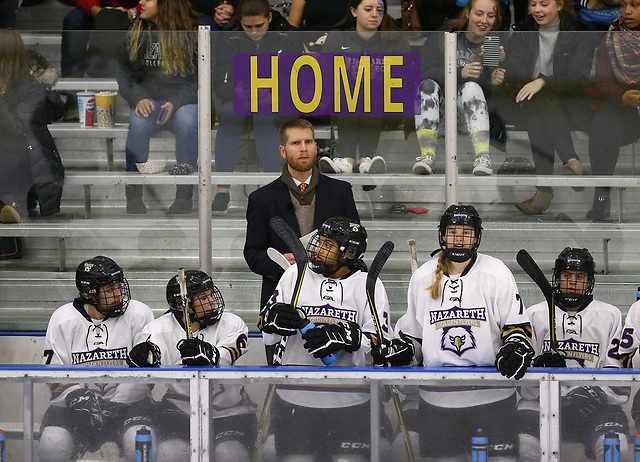 Coach Chris Baudo behind the Nazareth bench. (JAMIE GERMANO/ROCHESTER DEMOCRAT AND CHRONICLE)