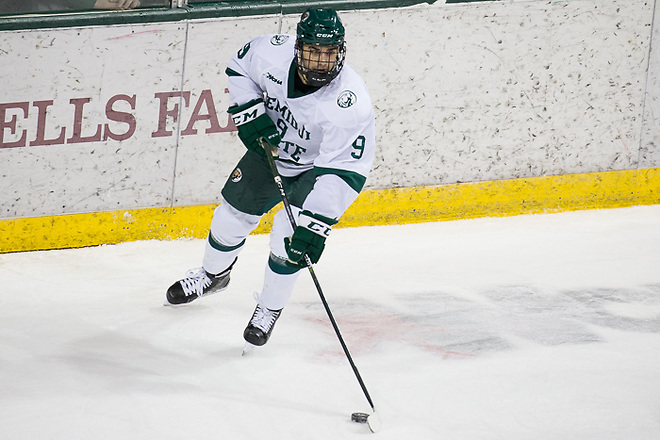 08 Dec 17: Ethan Somoza (Bemidji State - 9). The Bemidji State University Beavers host the Northern Michigan University Wildcats in a WCHA Conference matchup at the Sanford Center in Bemidji, MN. (Jim Rosvold)