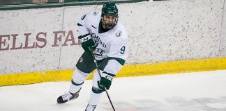 08 Dec 17: Ethan Somoza (Bemidji State - 9). The Bemidji State University Beavers host the Northern Michigan University Wildcats in a WCHA Conference matchup at the Sanford Center in Bemidji, MN. (Jim Rosvold)