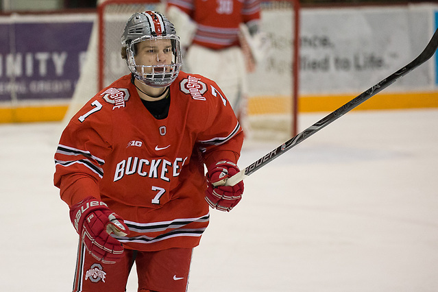 16 Feb 18: Wyatt Ege (Ohio State - 7). The University of Minnesota Golden Gophers host the Ohio State University Buckeyes in a B1G matchup at Mariucci Arena in Minneapolis, MN (Jim Rosvold/USCHO.com)