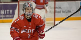 16 Feb 18: Wyatt Ege (Ohio State - 7). The University of Minnesota Golden Gophers host the Ohio State University Buckeyes in a B1G matchup at Mariucci Arena in Minneapolis, MN (Jim Rosvold/USCHO.com)