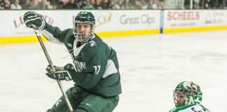 Taro Hirose (Michigan State-17) Cam Johnson (North Dakota-33) 16 November 26 Michigan State University and University of North Dakota meet in a non conference contest at Ralph Engelstad Arena (Bradley K. Olson)