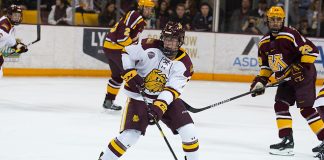 6 Oct 18: Scott Perunovich (Minnesota Duluth - 7). The University of Minnesota Golden Gophers play against the University of Minnesota Duluth Bulldogs in a non-conference matchup at AMSOIL Arena in Duluth, MN. (Jim Rosvold/University of Minnesota)