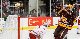 Tommy Nappier (OSU - 37), Nathan Burke (MINN - 21) The Ohio State Buckeyes lose 4-3 to the University of Minnesota Golden Gophers Saturday, February 16, 2019 at Value City Arena in Columbus, OH. (Rachel Lewis - USCHO) (Rachel Lewis/©Rachel Lewis)