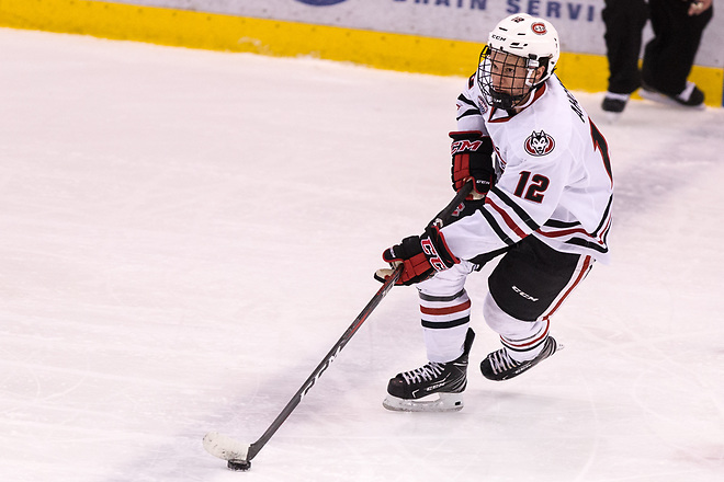 Jack Ahcan (SCSU-12) 2018 December 8 St.Cloud State University hosts University of Nebraska Omaha in a NCHC contest at the Herb Brooks National Hockey Center (Bradley K. Olson)