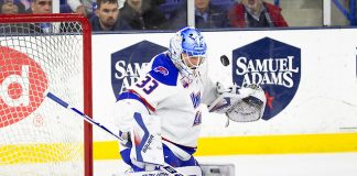 LOWELL, MA - FEBRUARY 8: NCAA hockey at the Tsongas Center between the UMass-Lowell River Hawks and the Boston College Eagles on February 8, 2019 in Lowell, Massachusetts. (Photo by Rich Gagnon) (Rich Gagnon)
