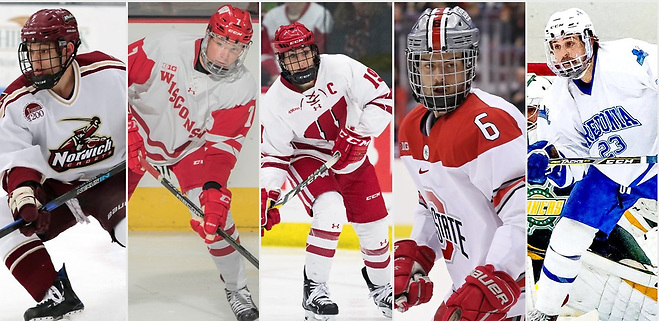 Cam Beecy, Jake Bunz, Annie Pankowski, Tommy Parran and Luke Rivera are this year's Hockey Humanitarian Award finalists (photos: Norwich Athletics, Wisconsin Athletics, Ohio State Athletics, Fredonia Athletics). ((photos: Norwich Athletics, Wisconsin Athletics, Ohio State Athletics, Fredonia Athletics).)