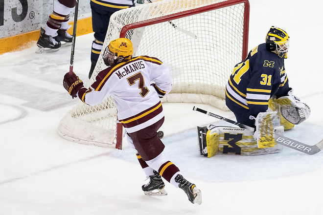 8 Mar 19: The University of Minnesota Golden Gophers host the University of Michigan Wolverines in quarterfinal round of the 2019 B1G Men's Ice Hockey Tournament at 3M at Mariucci Arena in Minneapolis, MN. (Jim Rosvold)