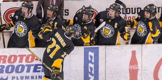 Grant Cruikshank (Colorado College- 21) 2019 February 9 St. Cloud State University hosts Colorado College in a NCHC contest at the Herb Brooks National Hockey Center (Bradley K. Olson)