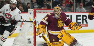 Nick Poehling (SCSU-7) Hunter Shepard (Minnesota-Duluth -32) 2019 March 23 University of Minnesota Duluth and St. Cloud State University meet in the championship game of the NCHC Frozen Face Off at the Xcel Energy Center in St. Paul, MN (Bradley K. Olson)