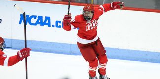 Gillis Frechette celebrates the game-winner against Northeastern (Cornell Athletics)