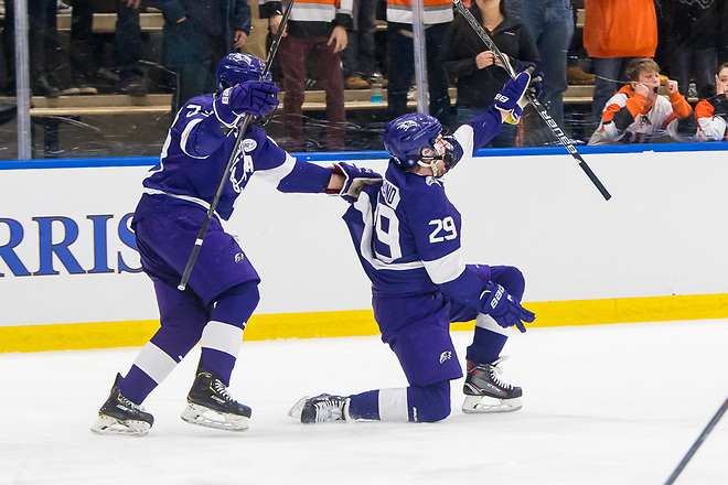 Ludwig Stenlund (29 - Niagara University) celebrates the game winner in overtime (2019 Omar Phillips)