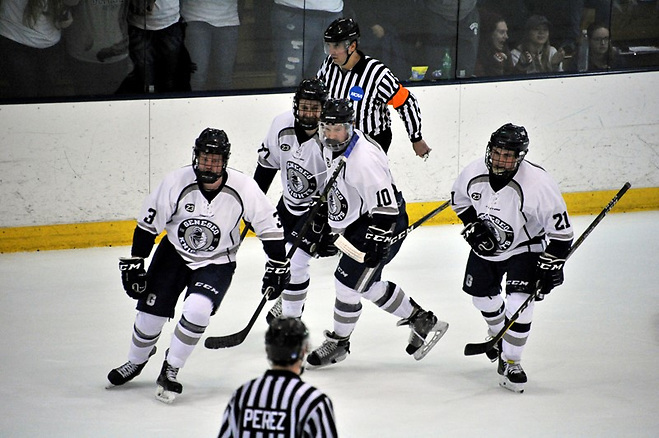 Mitch Ferguson celebrating goal against Oswego in SUNYAC title game (Angelo Lisuzzo))