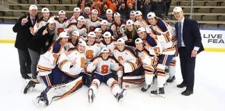 Syracuse celebrates after winning the CHA tournament. (Syracuse Athletics)