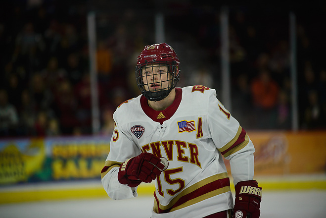 Ian Mitchell of Denver, Providence at Denver at Magness Arena, Nov. 24, 2018 (Candace Horgan)