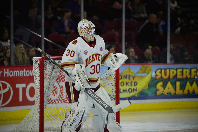 Filip Larsson of Denver, Providence at Denver at Magness Arena, Nov. 24, 2018 (Candace Horgan)