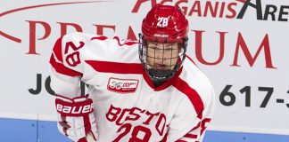 Joel Farabee (BU - 28) - The visiting Providence College Friars defeated the Boston University Terriers 5-0 on Friday, October 26, 2018, at Agganis Arena in Boston, Massachusetts. - The visiting Providence College Friars defeated the Boston University Terriers 5-0 on Friday, October 26, 2018, at Agganis Arena in Boston, Massachusetts. (Melissa Wade)