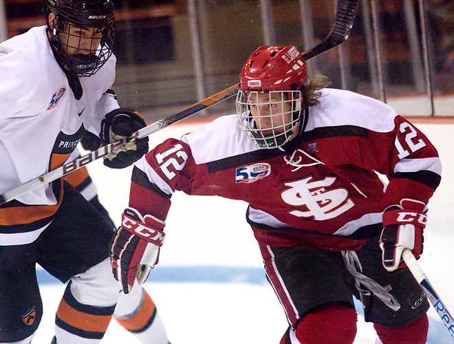 Max Mobley (St. Lawrence - 12) plays the puck behind the net during the second period. (Shelley M. Szwast)