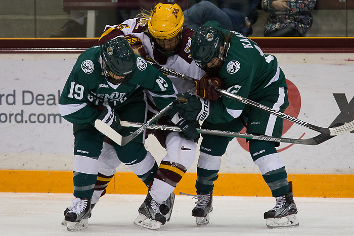 16 Nov 16: Haley Mack (Bemidji St. - 19), Sophie Skarzynski (Minnesota - 5), Jacqueline Kaasa (Bemidji St. - 12). The University of Minnesota Golden Gophers host the Bemidji State Beavers in a WCHA matchup at Ridder Arena, in Minneapolis, MN. (Jim Rosvold/USCHO.com)