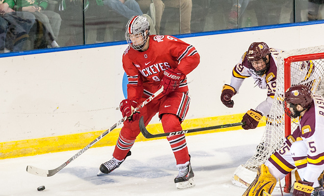 Tanner Laczynski (Ohio State - 9) 24 March 17 Ohio State and  University of Minnesota Duluth meet in the NCAA West Region at Scheels Arena Fargo, ND (Bradley K. Olson)