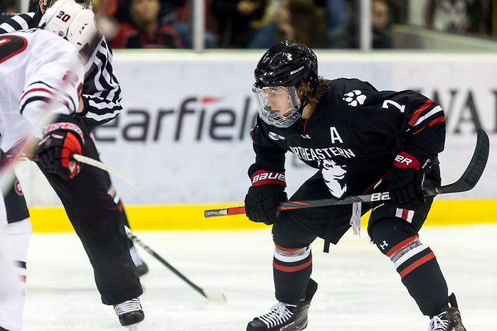 John Picking (NORTHEASTERN-7) 2019 October 26 Northeastern and St. Cloud State University meet in non conference game at the Herb Brooks National Hockey Center in St. Cloud, MN (Bradley K. Olson)