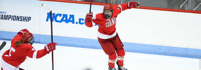 Gillis Frechette celebrates the game-winner against Northeastern (Cornell Athletics)