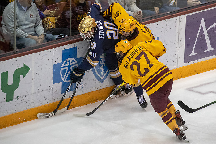 02 Nov 19: Jake Pivonka (Notre Dame - 20), Blake McLaughlin (Minnesota - 27), Ben Meyers (Minnesota - 39). The University of Minnesota Golden Gopher host the University of Notre Dame Fighting Irish in a B1G matchup at 3M Arena at Mariucci in Minneapolis, MN. (Jim Rosvold)