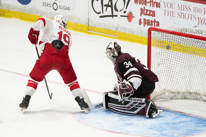 A deflection by Michael Regush (19 - Cornell) goes just wide of the Union net (2019 Omar Phillips)