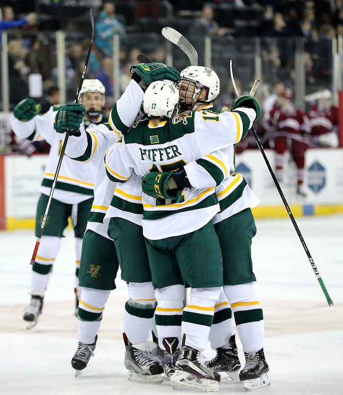 Press Eye - Belfast -  Northern Ireland - 25th November 2016 - Photo by William Cherry Vermont Catamounts' Craig Puffer celebrates scoring against the UMass Minutemen during Friday afternoons Friendship Four game at the SSE Arena, Belfast.  Four teams from the USA are competing in the NCAA mens ice-hockey tournament in the hope of winning the Belpot Trophy. Photo William Cherry/Presseye (©William Cherry / Presseye)