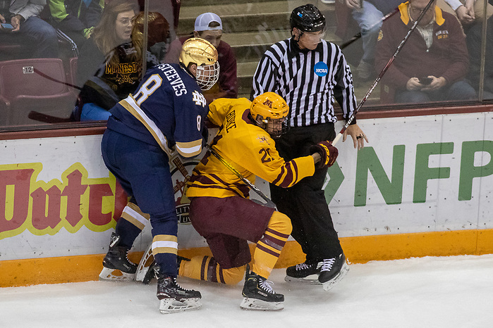 02 Nov 19: Matt Steeves (Notre Dame - 8), Nathan Burke (Minnesota - 21). The University of Minnesota Golden Gopher host the University of Notre Dame Fighting Irish in a B1G matchup at 3M Arena at Mariucci in Minneapolis, MN. (Jim Rosvold)