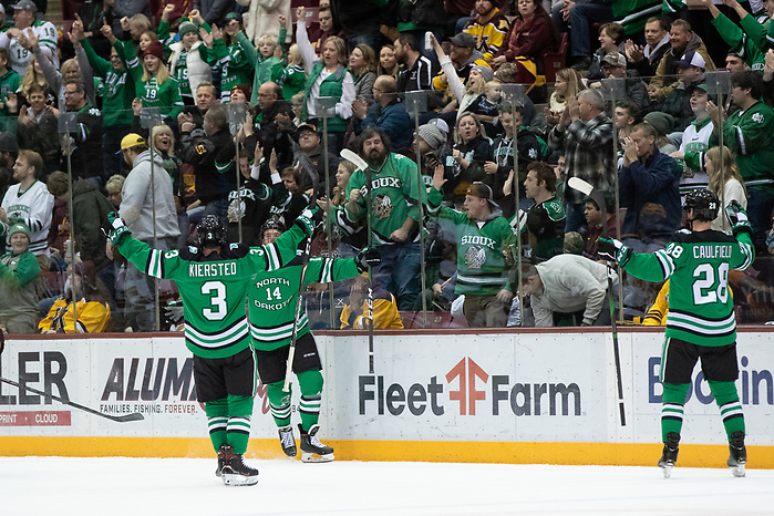 28 Nov 19: North Dakota Celebration. The University of Minnesota Golden Gopher host the University of North Dakota Fighting Hawks in a non-conference matchup at 3M Arena at Mariucci in Minneapolis, MN. (Jim Rosvold)