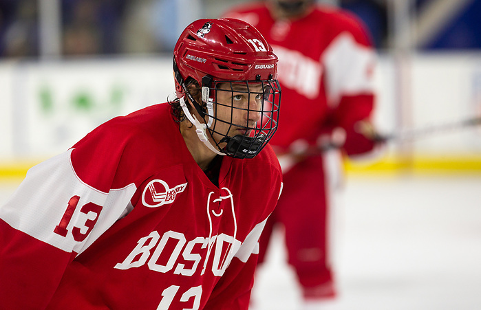 LOWELL, MA - OCTOBER 25: Trevor Zegras #13 of the Boston University Terriers. The UMass-Lowell River Hawks play host to the Boston University Terriers during NCAA men's hockey at the Tsongas Center on October 24, 2019 in Lowell, Massachusetts. (Photo by Rich Gagnon) (Rich Gagnon)