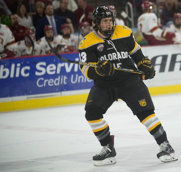 Nick Halloran of Colorado College. Colorado College at Denver at Magness Arena, Feb. 17, 2018. (Candace Horgan)