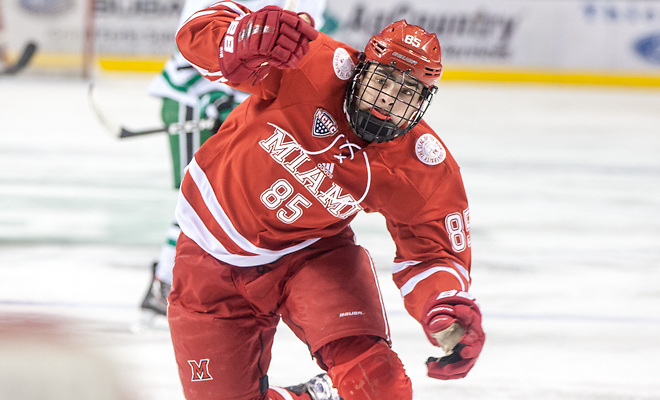 Karch Bachman (Miami of Ohio-85) 17 Jan.14 Miami of Ohio Redhawks and University of North Dakota meet in a NCHC conference match-up at the Engelsted Arena Grand Forks, ND (Bradley K. Olson)