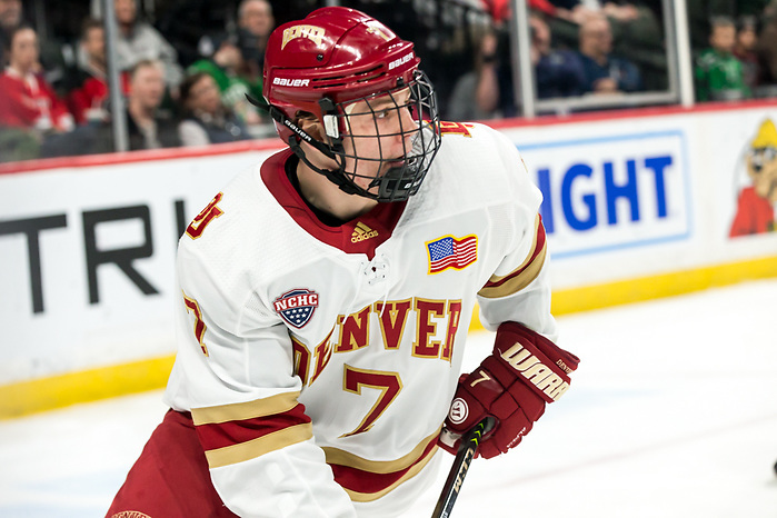 Brett Stapley (Denver-7) 2019 March 23 Denver and Colorado College meet in the 3rd place game of the NCHC  Frozen Face Off at the Xcel Energy Center in St. Paul, MN (Bradley K. Olson)