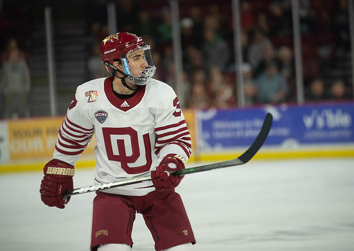 Hank Crone of Denver, North Dakota vs. Denver at Magness Arena, Nov. 15, 2019. (Candace Horgan)