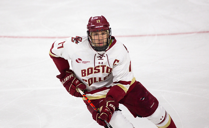 CHESTNUT HILL, MA - NOVEMBER 26: David Cotton #17 of the Boston College Eagles skates against the Yale Bulldogs during NCAA men's hockey at Kelley Rink on November 26, 2019 in Chestnut Hill, Massachusetts. The Eagles won 6-2. (Photo by Rich Gagnon/USCHO) (Rich Gagnon)