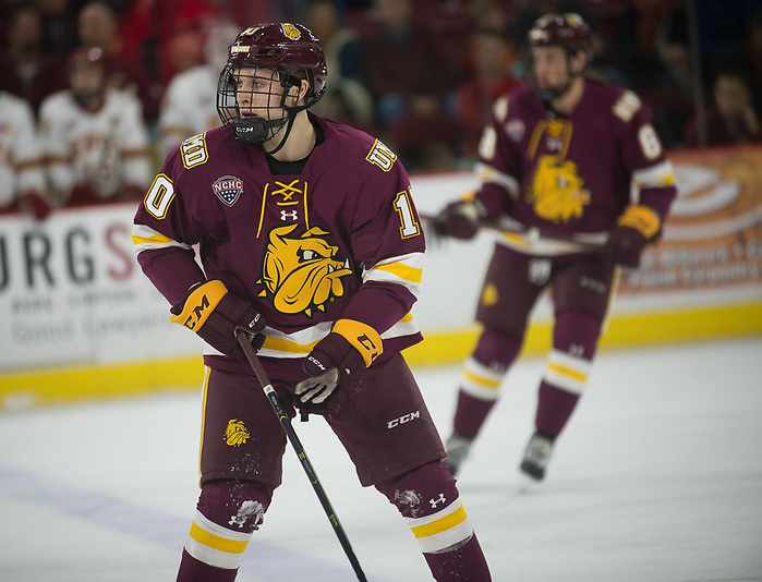 Kobe Roth of Minnesota Duluth. Minnesota Duluth at Denver at Magness Arena, November 17, 2018. (Candace Horgan)