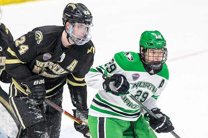 Jordan Kawaguchi (North Dakota-29) Mattias Samuelsson (Western Michigan-24) Ben Blacker (Western Michigan-33) 2020 February 29 Western Michigan and the University of North Dakota meet in a NCHC contest in Grand Forks, ND (Bradley K. Olson)