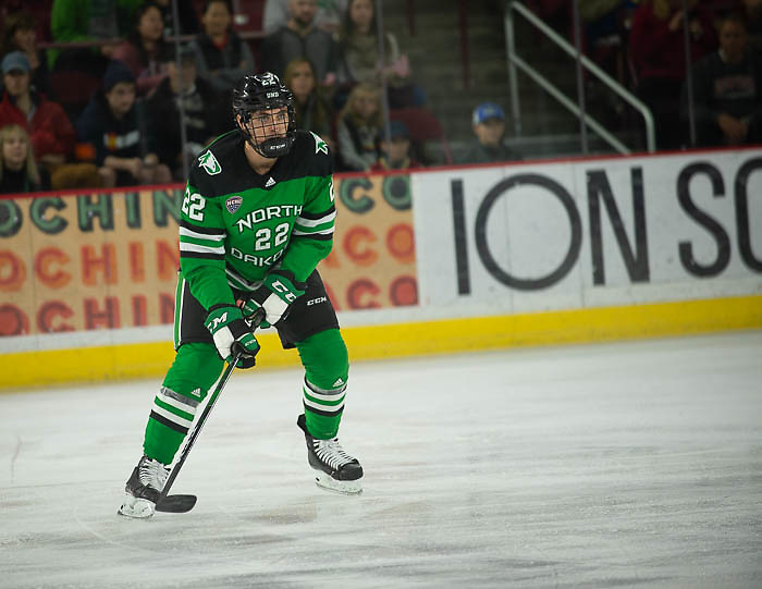 Shane Pinto of North Dakota, North Dakota vs. Denver at Magness Arena, Nov. 15, 2019. (Candace Horgan)