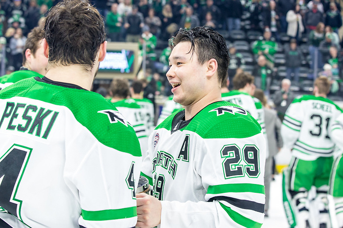 Jordan Kawaguchi (North Dakota-29) Andrew Peski (North Dakota-4) 2020 February 29 Western Michigan and the University of North Dakota meet in a NCHC contest in Grand Forks, ND (Bradley K. Olson)